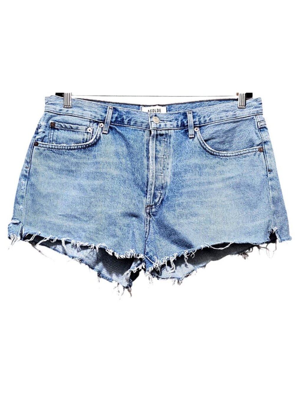 Agolde Women's Distressed High-Waist Denim Shorts With Frayed Hem Button Fly And - Picture 2 of 15